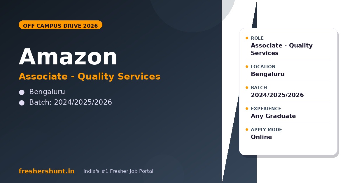 Amazon Quality Services 2026 | Associate (Auto Software, Smart Vehicles) | Bengaluru — Apply Now 1 Amazon Quality Services 2026 Associate Auto Software Smart Vehicles Bengaluru