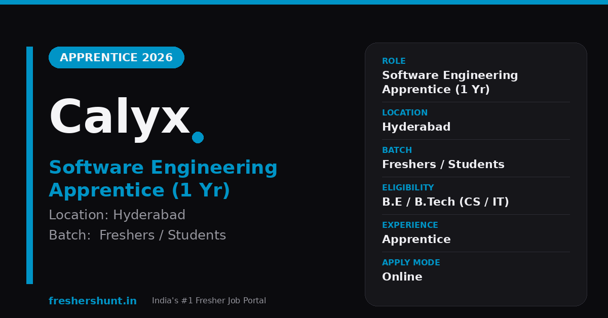 Calyx Software Engineering Apprentice 2026 | Hyderabad — Apply Now 1 Calyx Software Engineering Apprentice 2026 hiring Hyderabad