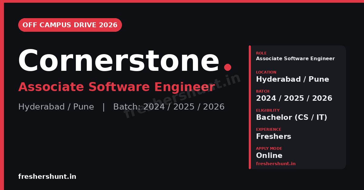 Cornerstone Off Campus Drive 2026 | Associate Software Engineer | Hyderabad/Pune — Apply Now 1 Cornerstone Off Campus Drive 2026 Associate Software Engineer hiring