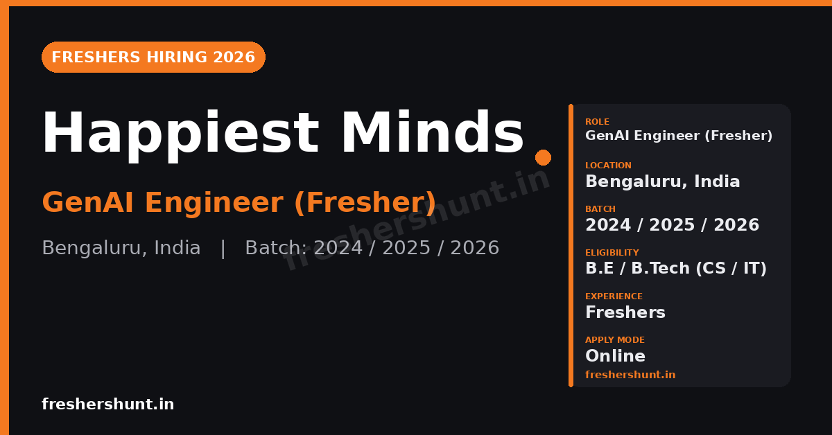 Happiest Minds Off Campus Drive 2026 | GenAI Engineer (Fresher) | Bengaluru — Apply Now 1 Happiest Minds Off Campus Drive 2026 GenAI Engineer hiring Bengaluru