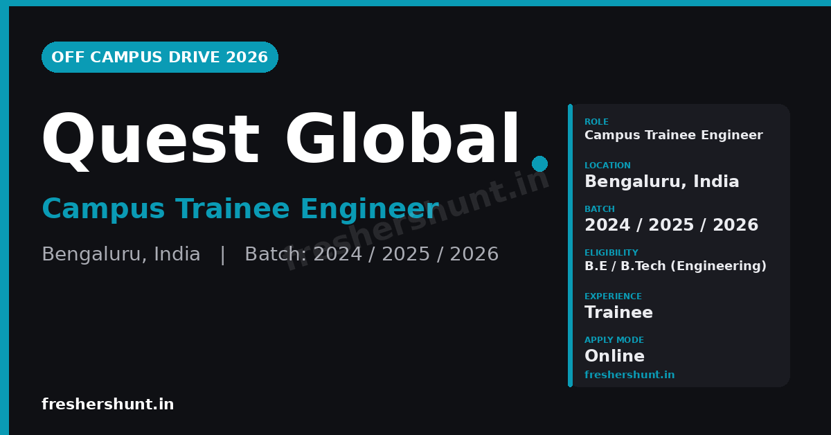 Quest Global Off Campus Drive 2026 | Campus Trainee Engineer | Bengaluru — Apply Now 1 Quest Global Off Campus Drive 2026 Campus Trainee Engineer hiring Bengaluru