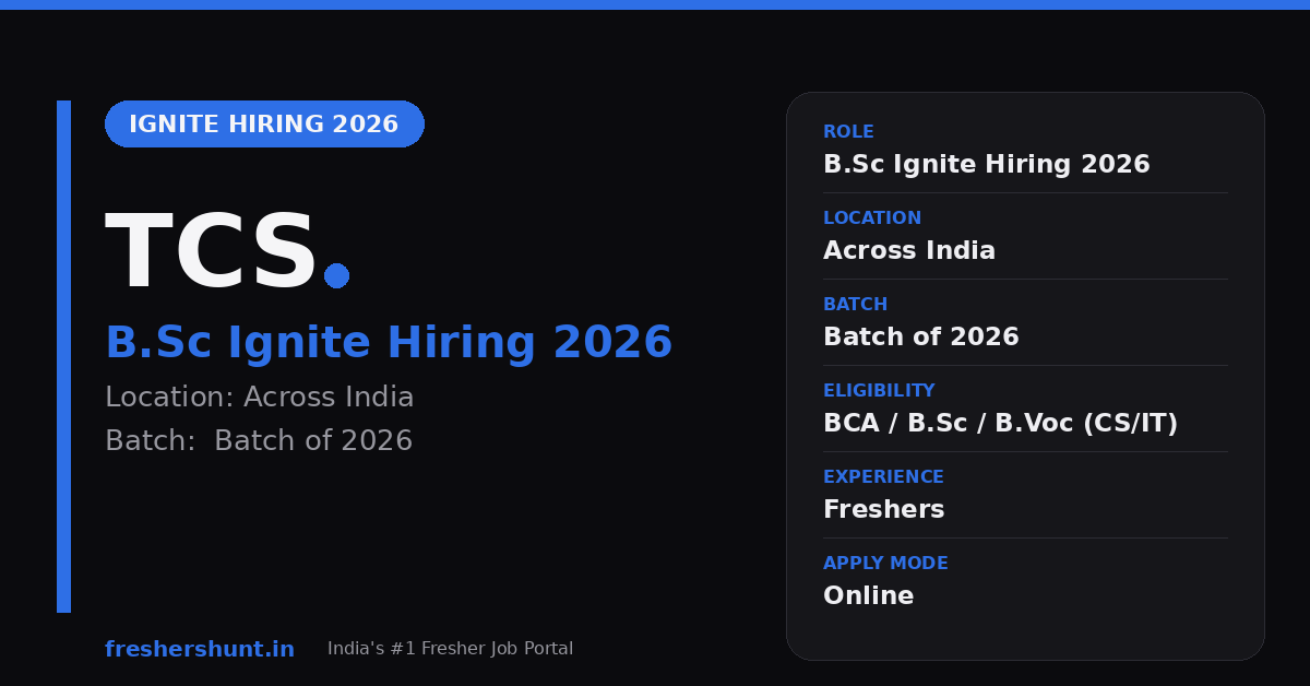 TCS B.Sc Ignite Hiring 2026 | BCA / B.Sc / B.Voc | Batch 2026 — Register Now 1 TCS B.Sc Ignite Hiring 2026 BCA B.Sc B.Voc 2026 batch registration