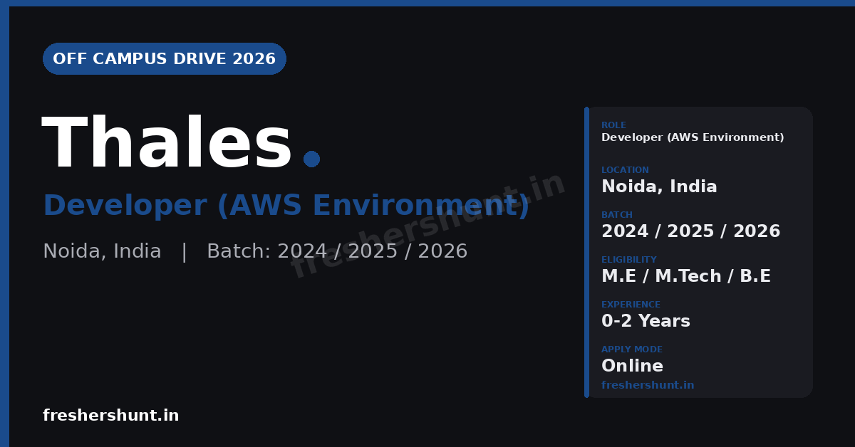 Thales Off Campus Drive 2026 | Developer (AWS Environment) | Noida — Apply Now 1 Thales Off Campus Drive 2026 Developer AWS hiring Noida