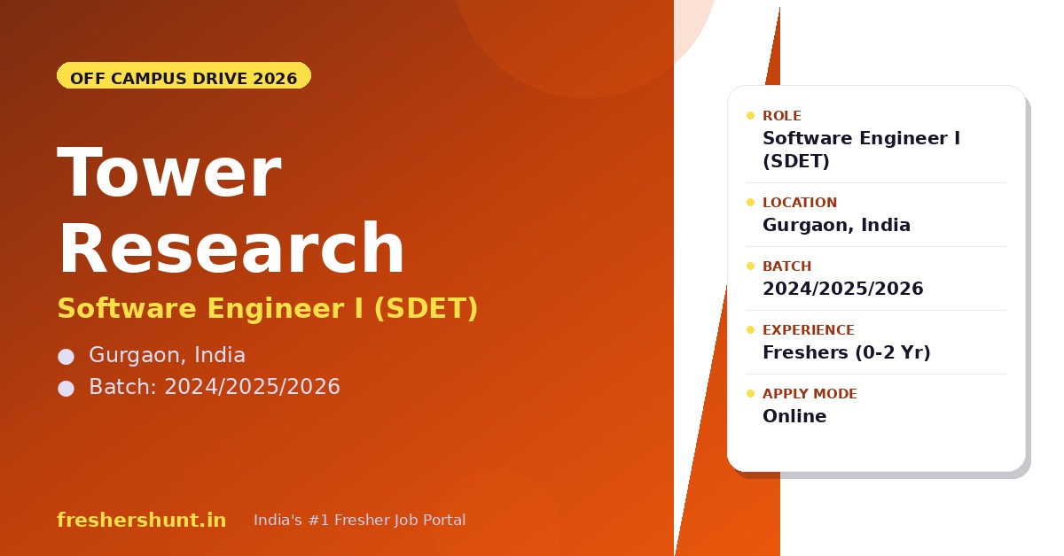 Tower Research Capital Off Campus Drive 2026 | Software Engineer I | Gurgaon — Apply Now 1 Tower Research Capital Off Campus Drive 2026 Software Engineer I Gurgaon