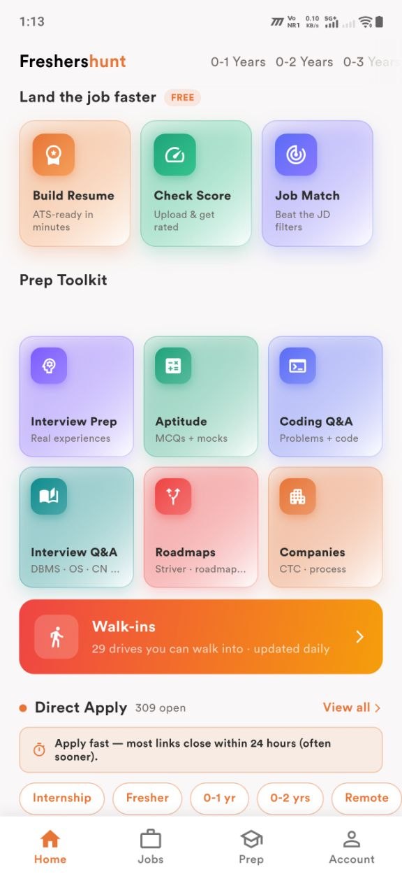 FreshersHunt app screenshot