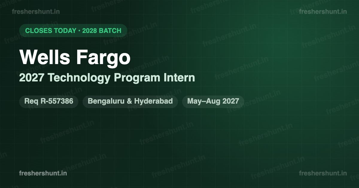 Wells Fargo Internship 2027 | Technology Program Intern | Bengaluru & Hyderabad — Apply Now 1 Wells Fargo Internship 2027 Bengaluru hiring banner